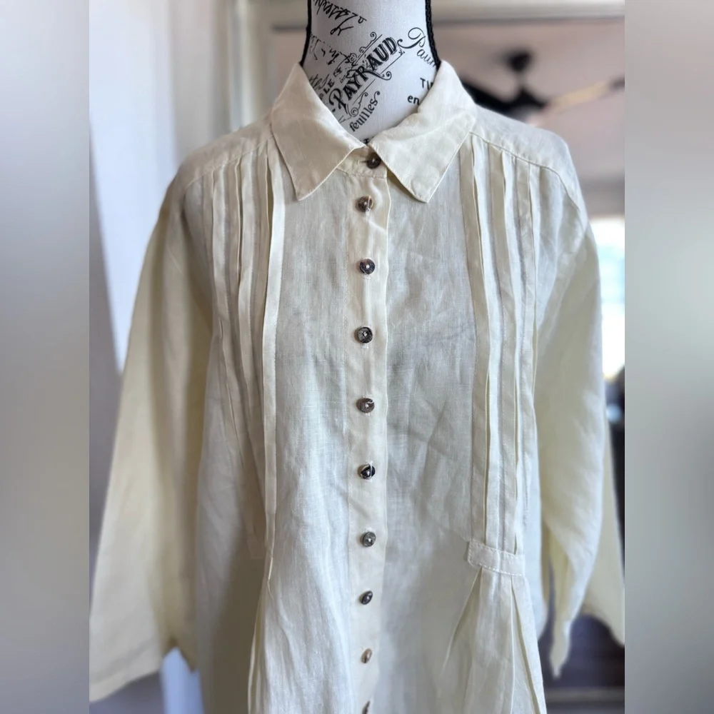 Click Color Me Cotton Beige Cream Linen Pin Tuck Peasant Shirt Dress Size 2XL - Picture 2 of 11